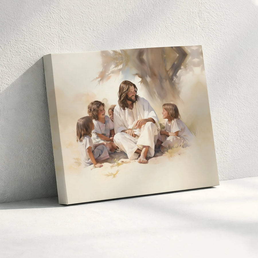 Jesus With Children Wall Art | Watercolor Religious Canvas Print | Premium Fade-Resistant Gallery Wrap | Christian Home Decor Gift