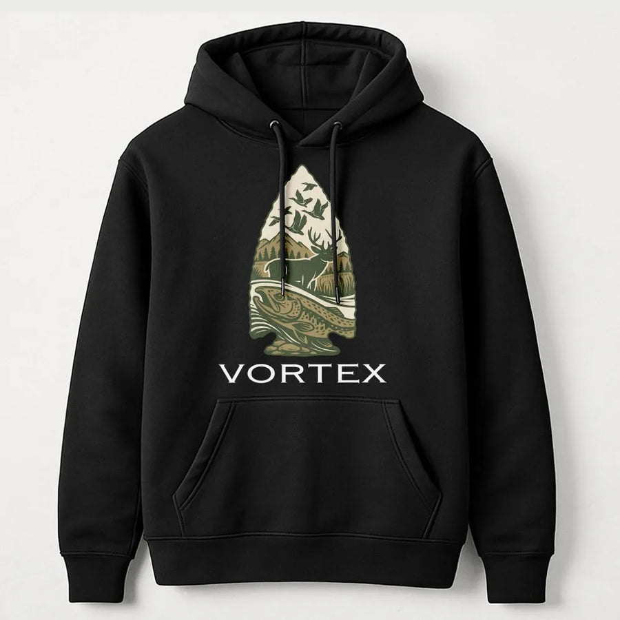 Arrowhead Deer Fishing Hoodie | Wilderness Outdoor Graphic Design | Premium Cotton Blend | Gift for Hunters and Anglers