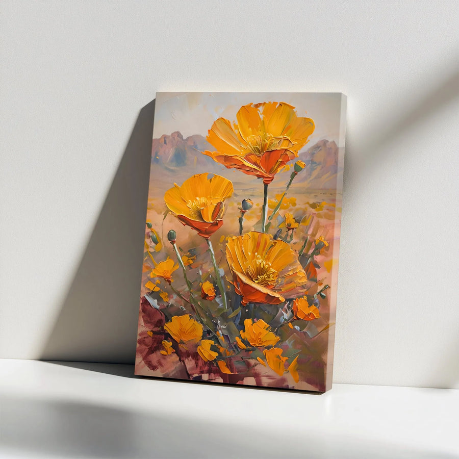 California Poppy Flower Wall Art | Impasto Oil Painting Style | Premium Gallery Wrapped Canvas | Botanical Mountain Home Decor Gift