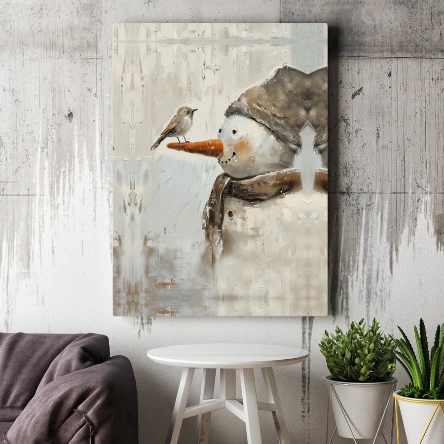 Snowman With Bird Canvas Print | Whimsical Winter Wonderland Wall Art | Premium Fade-Resistant Gallery Wrap | Festive Holiday Home Decor Gift