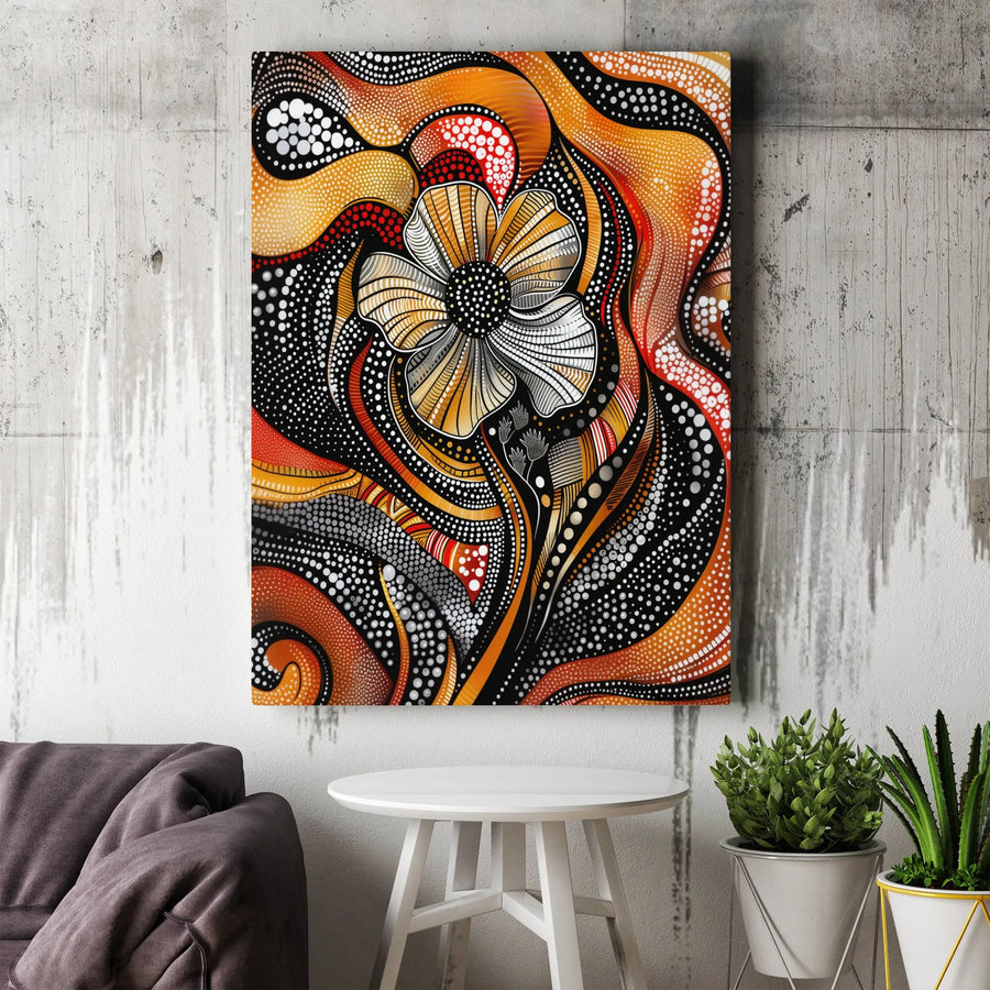 Abstract Floral Canvas Wall Art | Aboriginal Inspired Dot Art Flower | Premium Gallery Wrapped Canvas | Modern Living Room & Office Decor Gift