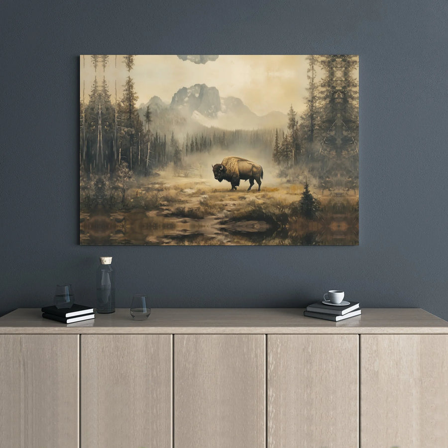 American Bison Canvas Art | Misty Mountain Forest Landscape | Premium 1.25 Inch Gallery Wrap | Rustic Nature Wall Decor for Living Room