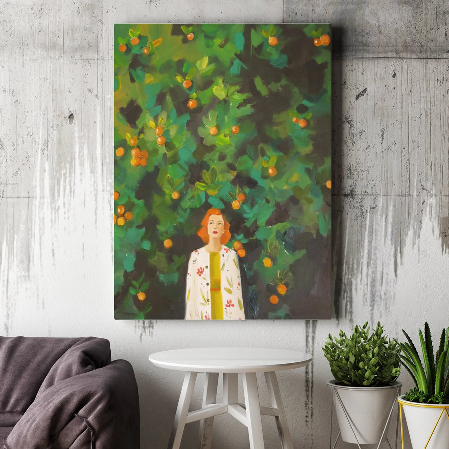 Woman in Orange Grove Canvas Print | Vibrant Impressionist Portrait Painting | Premium Fade-Resistant Print | Modern Botanical Home Decor Gift