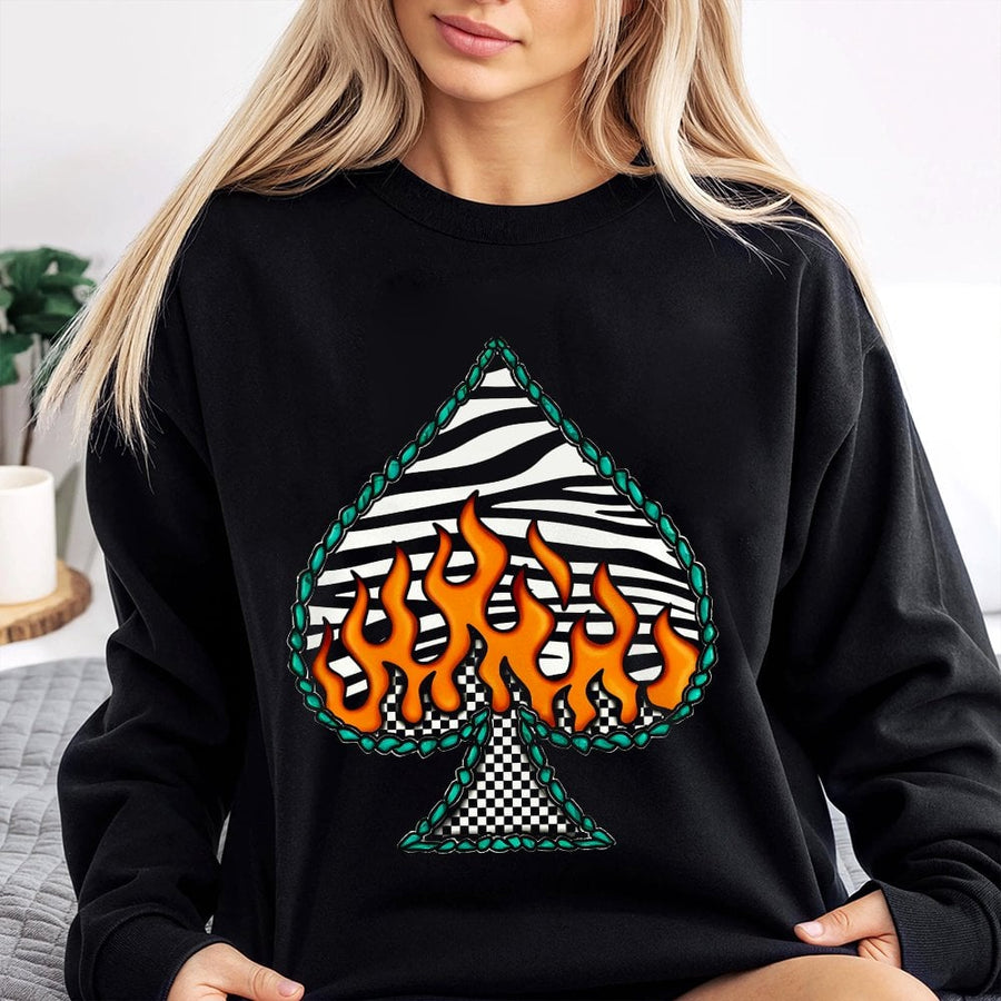 Spade Graphic Sweatshirt | Zebra Print Flame Poker Card Design | Premium Cotton-Blend | Aesthetic Western Streetwear Gift for Women & Men