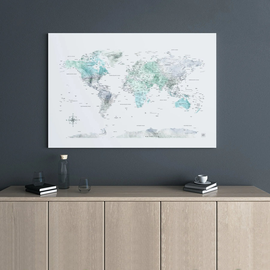 World Map Wall Art | Teal and Gray Watercolor Canvas Print | Gallery Wrap 1.25 Inch Thick | Modern Office Decor or Travel Enthusiast Gift