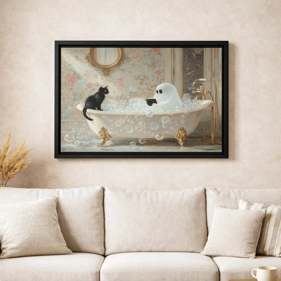 Ghost Reading in Bubble Bath Canvas Print | Whimsical Black Cat Wall Art | Premium Gallery Wrapped Decor | Spooky Cute Halloween Home Gift