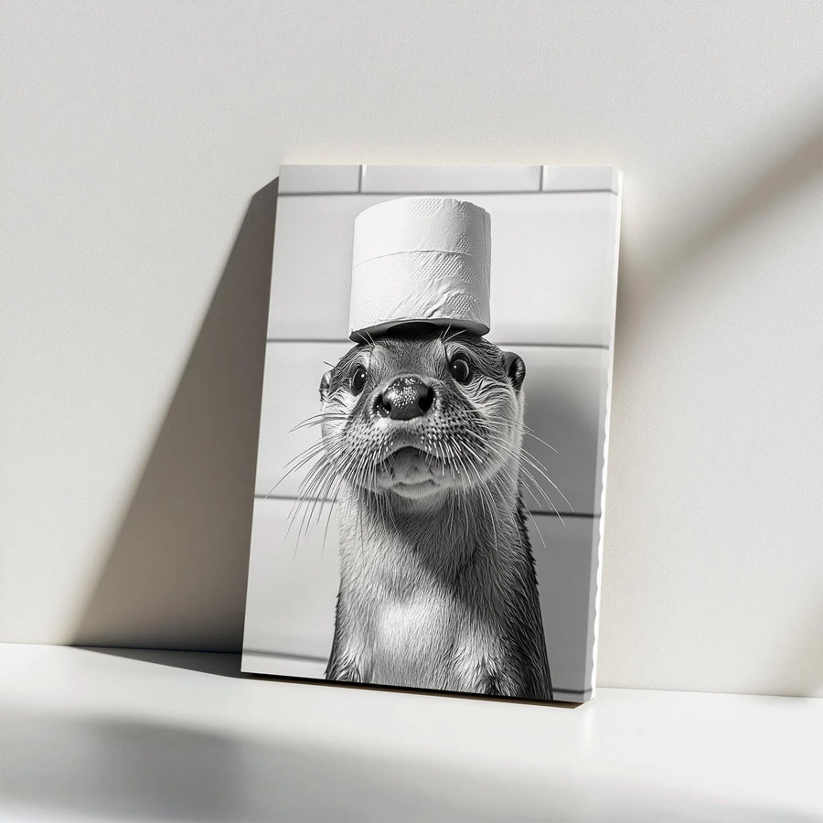 Funny Otter Canvas Print | Black and White Animal Photo with Toilet Paper Hat | Premium Gallery Wrapped Canvas | Humorous Bathroom Wall Decor Gift