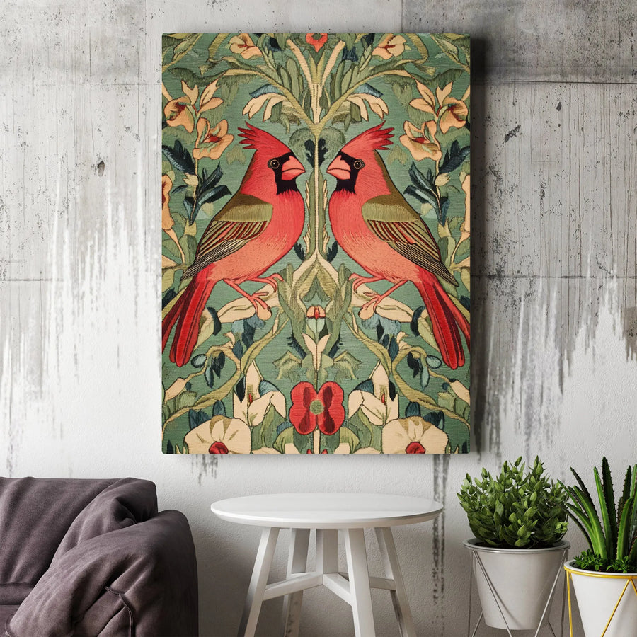 Red Cardinal Wall Art | Symmetrical Botanical Bird Tapestry Print | Premium Gallery Canvas | Nature Home Decor Gift for Bird Lovers