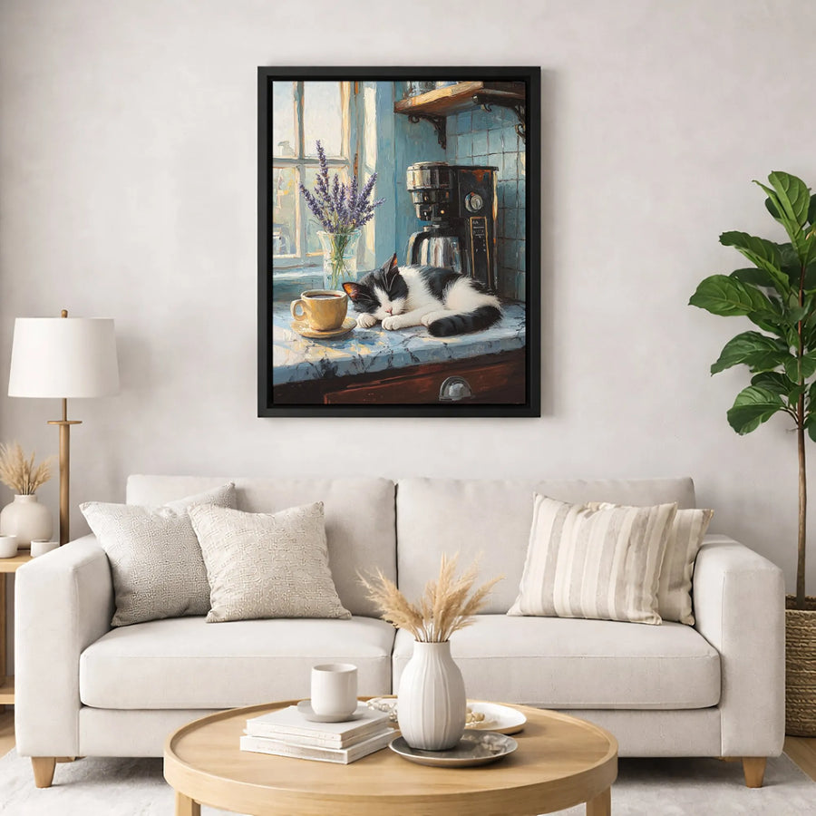 Sleeping Cat Canvas Art | Impressionist Kitchen Decor with Lavender and Coffee | Premium 1.25-Inch Gallery Wrap | Cozy Home Wall Decor Gift