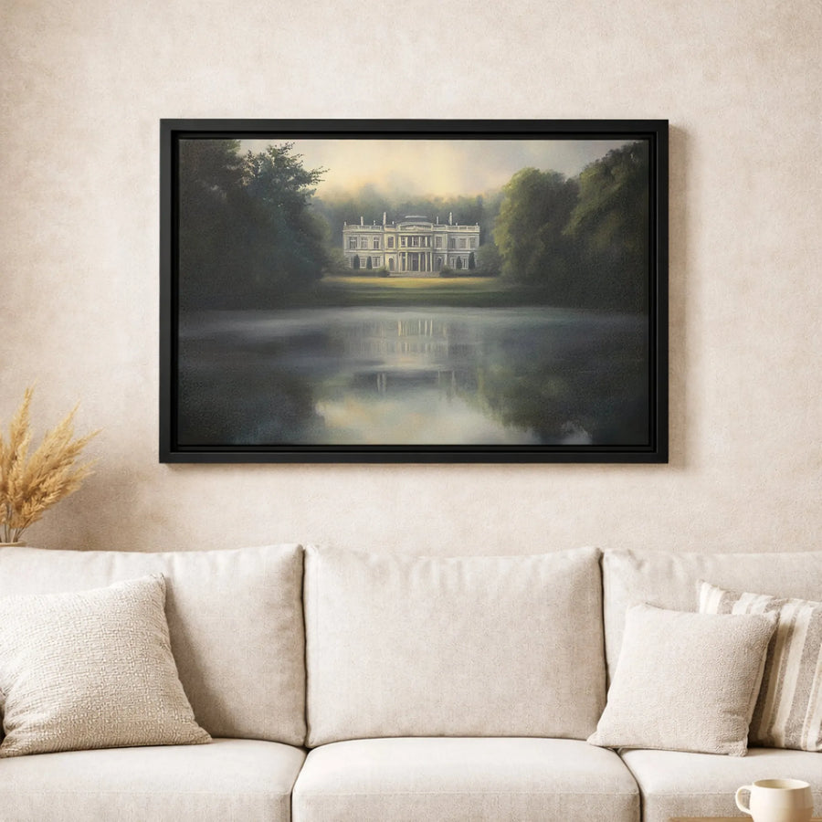 Stately Manor Landscape Canvas Art | Mist Covered Lake Estate Reflection | Premium Gallery Wrapped Wall Decor | Elegant Home Office Gift