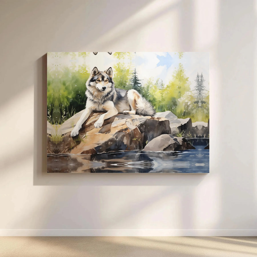 Watercolor Wolf Canvas Print | Forest River Landscape Wall Art | Gallery Quality 1.25-inch Profile | Wildlife Lover Nature Home Decor Gift