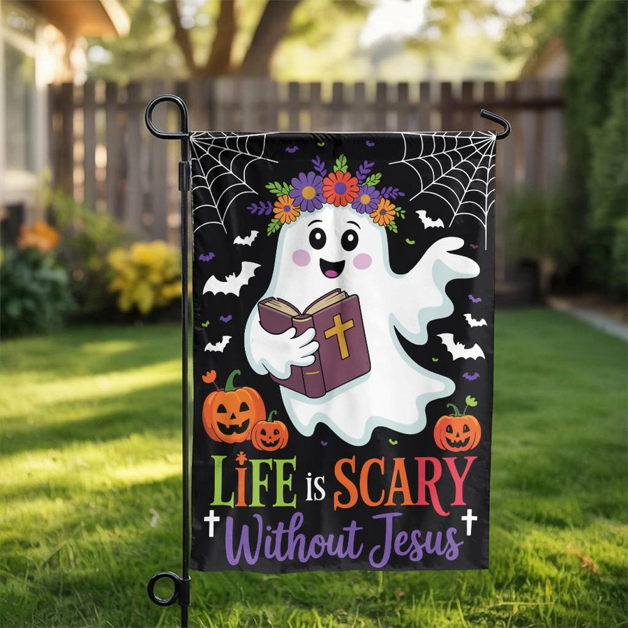 Life Is Scary Without Jesus Garden Flag | Cute Christian Ghost Pumpkin Design | Premium Weather-Resistant Polyester | Faith-Based Halloween Outdoor Decor