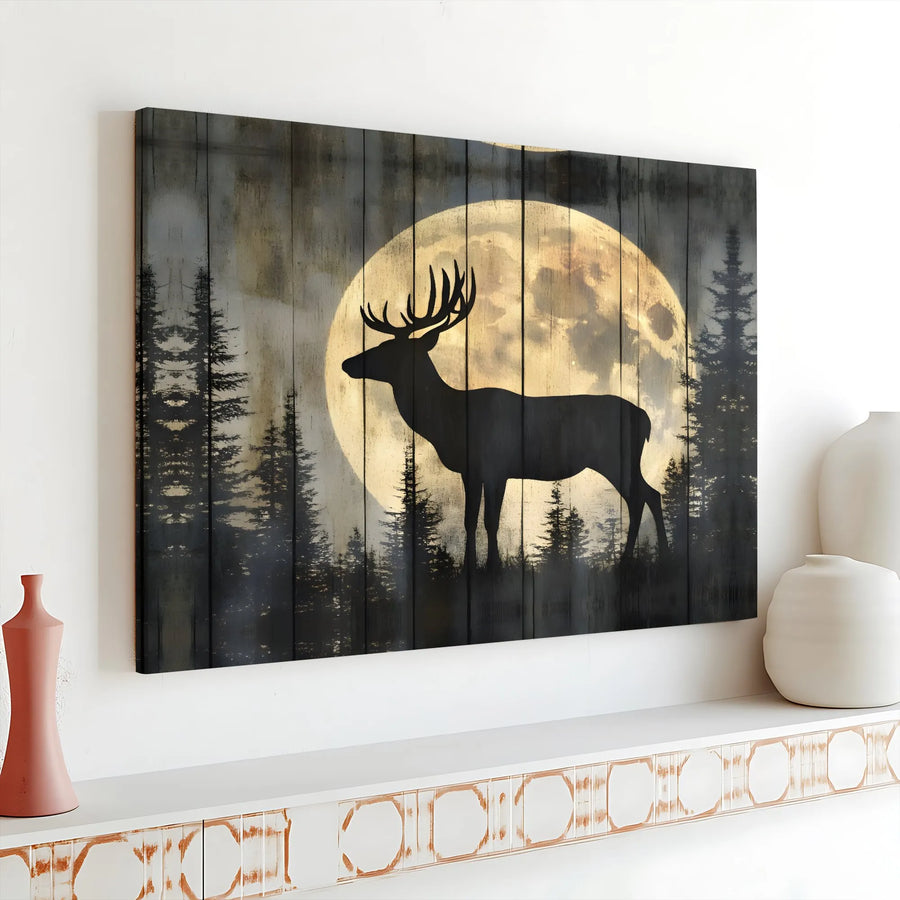 Elk Silhouette Canvas Art | Full Moon Pine Forest Rustic Wall Decor | Gallery Wrapped Premium Print | Nature Lover Cabin Gift