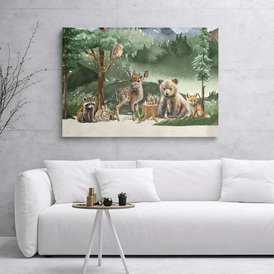 Watercolor Woodland Nursery Canvas Art | Cute Forest Animal Bear Deer Fox Print | Premium 1.25" Gallery Wrap | Baby Boy Girl Room Decor Gift