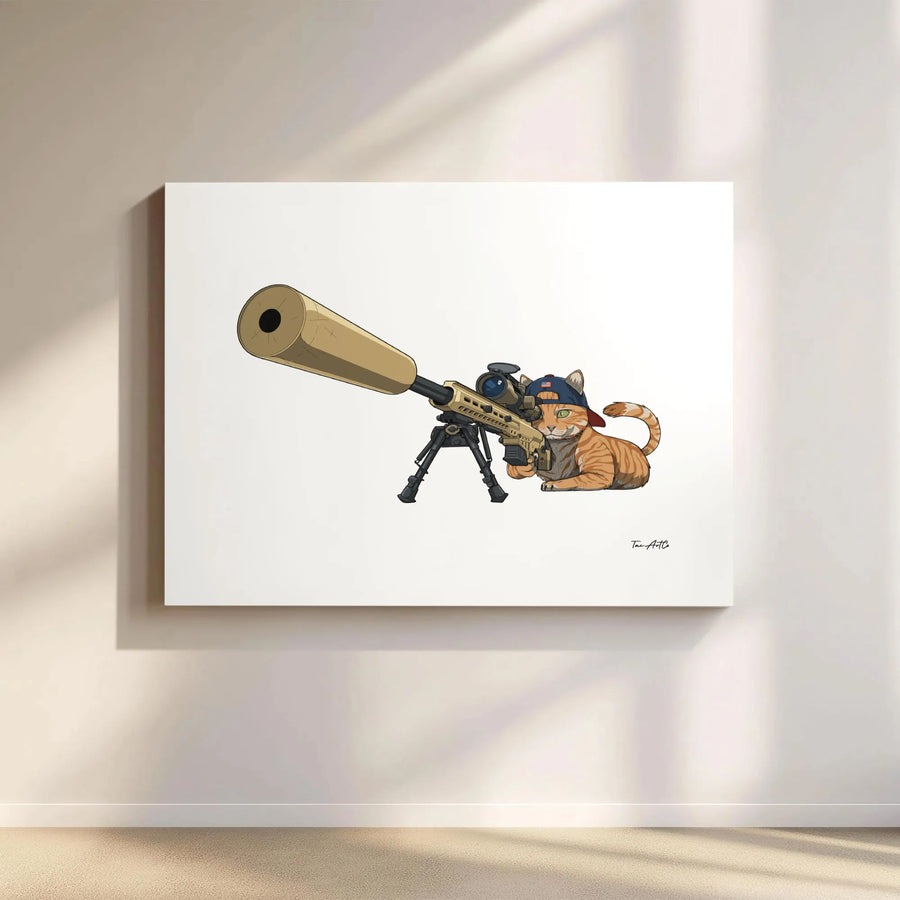 Sniper Cat Canvas Wall Art | Funny Tactical Ginger Cat with Rifle | Premium Matte Canvas Print | Unique Gift for Gun Lover & Man Cave Decor