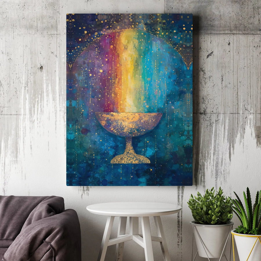 Abstract Rainbow Chalice Canvas Print | Gold Speckled Cosmic Painting | Premium Thick Gallery Wrap | Spiritual Home Decor Gift for Meditation Room