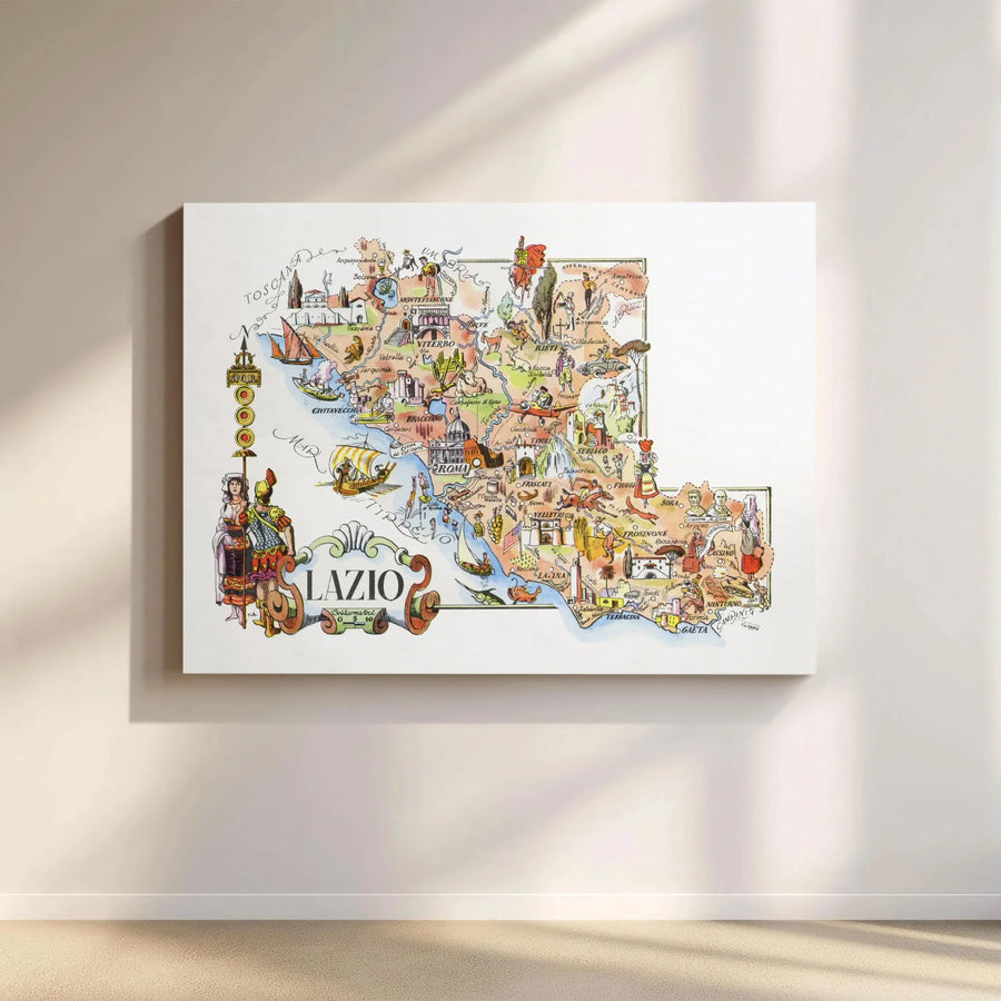 Lazio Italy Map Wall Art | Vintage Pictorial Illustrated Region Print | Premium Gallery Wrapped Canvas | Italian Home Office Decor Gift