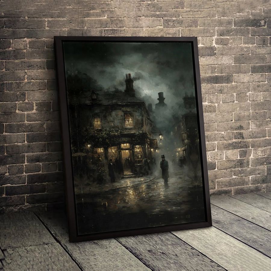 Gothic Victorian London Canvas Wall Art | Dark Academia Foggy Street Scene | 1.25 Inch Premium Gallery Wrap | Haunted Home Decor Gift