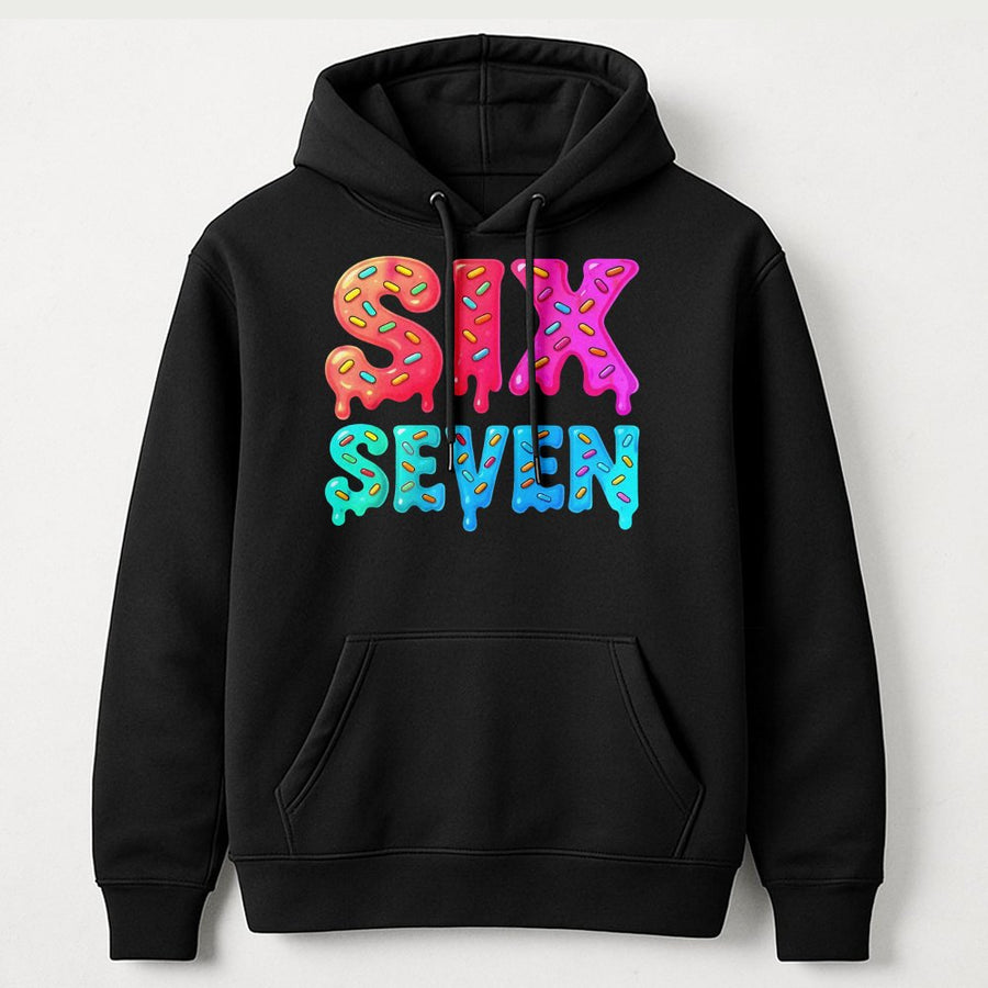Six Seven Hoodie | Dripping Donut Typography Graphic | Premium Cotton Blend | Funny Gen Alpha Slang Meme Gift for Teens