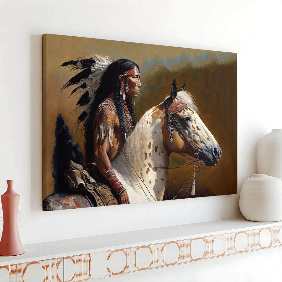 Native American Chief Wall Art | Appaloosa Horse Oil Painting Style | 1.25-Inch Gallery Wrap Canvas | Western Home Decor Gift