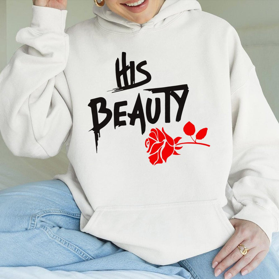 His Beauty Hoodie | Matching Couple Sweatshirt with Red Rose Graphic | Premium Cotton-Blend Pullover | Romantic Valentine's Day Gift for Couples