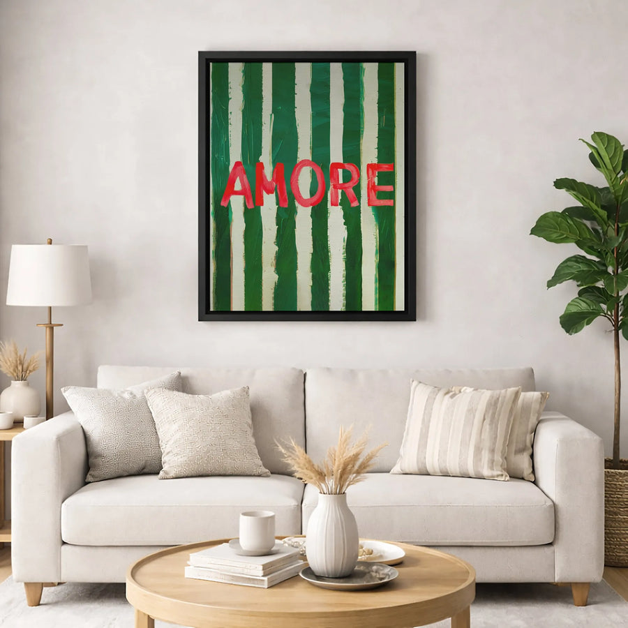 Amore Canvas Wall Art | Red Typography Green Striped Print | Gallery Quality 1.25" Thick Frame | Romantic Home Decor Gift