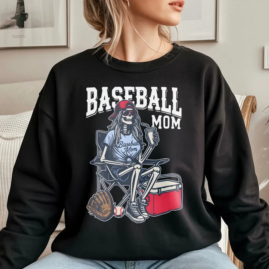 Baseball Mom Sweatshirt | Skeleton Sports Graphic | Premium Cotton Blend | Funny Softball Gift for Her
