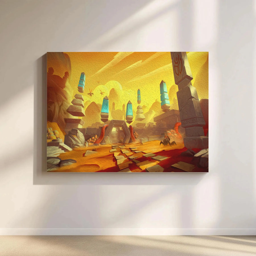 Fantasy Desert Ruins Canvas | Glowing Blue Pillars Landscape Art | Premium Gallery-Wrap Wall Decor | Mystical Gaming Room Interior Gift