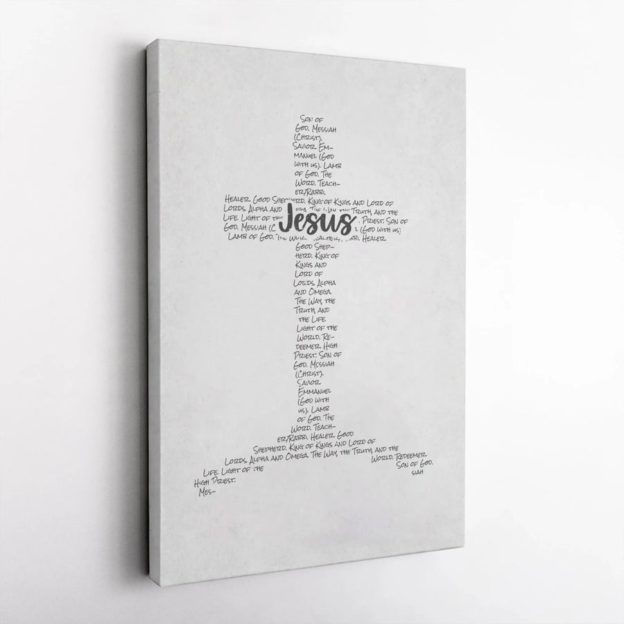 Jesus Names and Titles Cross Canvas Wall Art | Script Typography Religious Design | Premium Gallery-Wrapped Print | Faith-Based Home Decor Gift