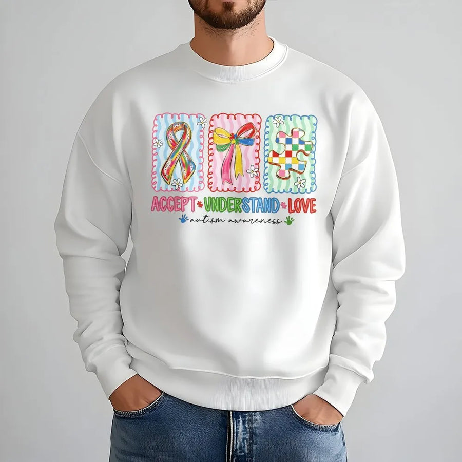 Autism Awareness Sweatshirt | Accept Understand Love Graphic | Premium Cotton Blend Crewneck | Gift for Autism Moms and Teachers