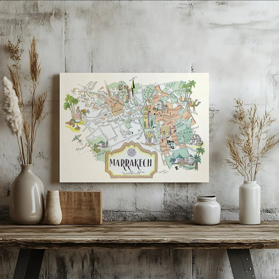Marrakech Map Wall Art | Vintage Illustrated City Print | Premium Gallery-Wrapped Canvas | Travel Decor Gift for Morocco Lovers