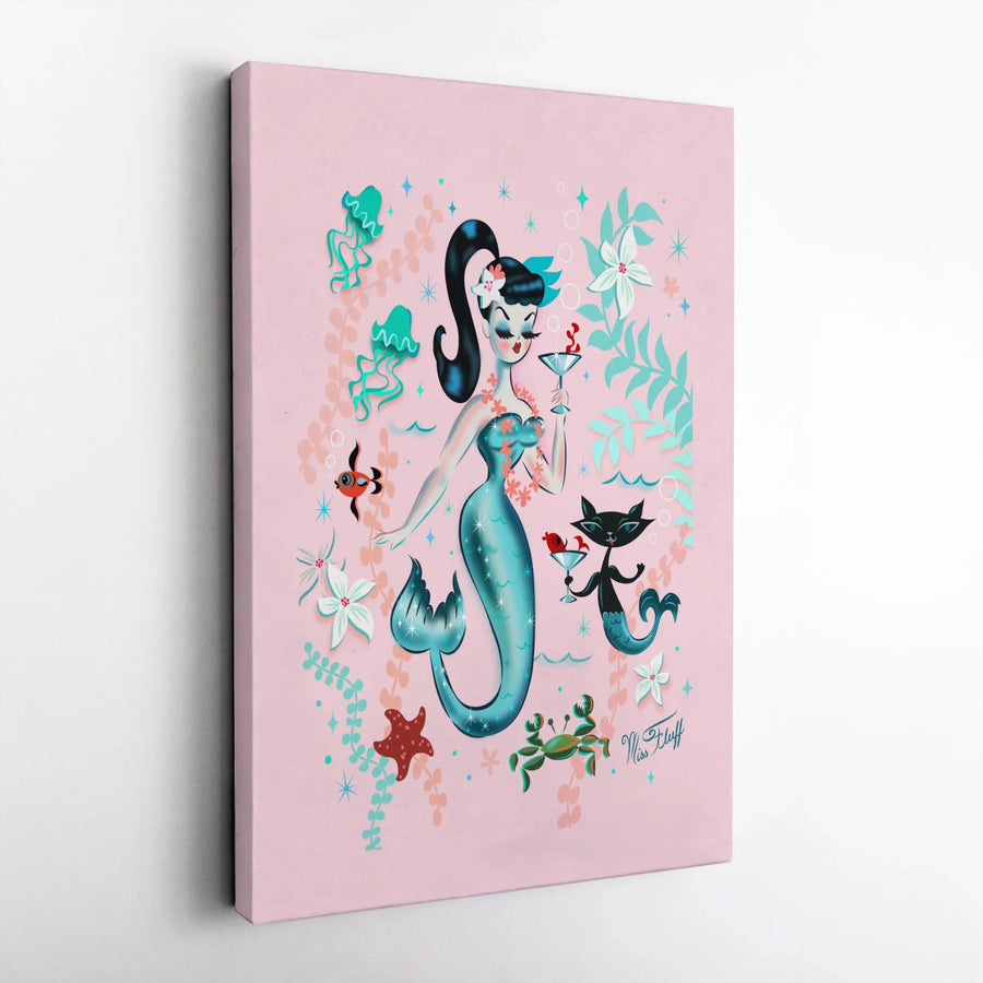 Retro Mermaid Wall Art | Mid-Century Pin-Up Mer-Cat Canvas | Fade-Resistant Gallery Quality Decor | Whimsical Ocean Theme Gift for Her
