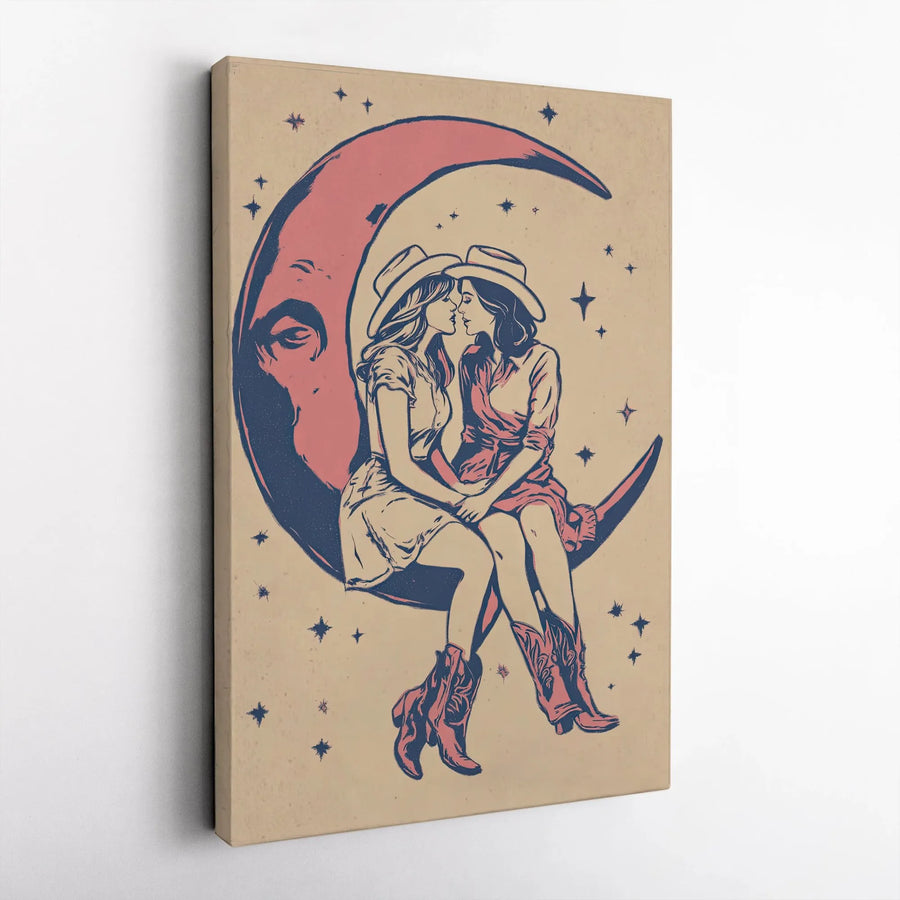 Lesbian Cowgirl Art Canvas | Romantic Western Moon Illustration | Premium Gallery Wrap Decor | LGBTQ Pride Bedroom Gift