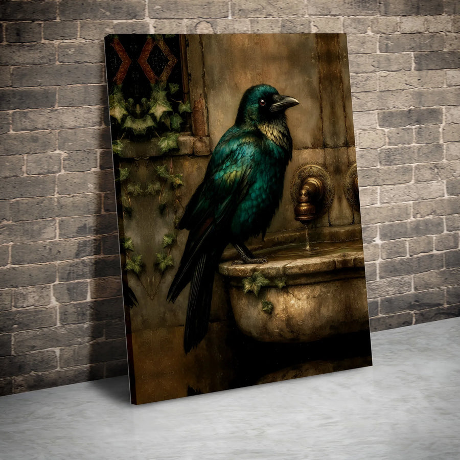 Gothic Raven Canvas Wall Art | Iridescent Bird At Stone Fountain | Gallery Quality Fade-Resistant Print | Dark Academia Home Decor Gift