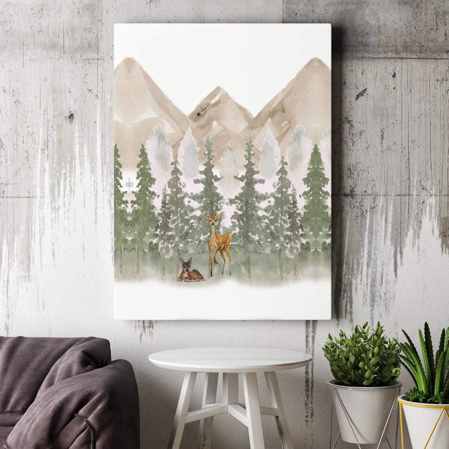 Watercolor Deer Canvas Wall Art | Misty Pine Forest & Mountain Scene | Premium Gallery Wrapped Print | Woodland Nursery Art Gift