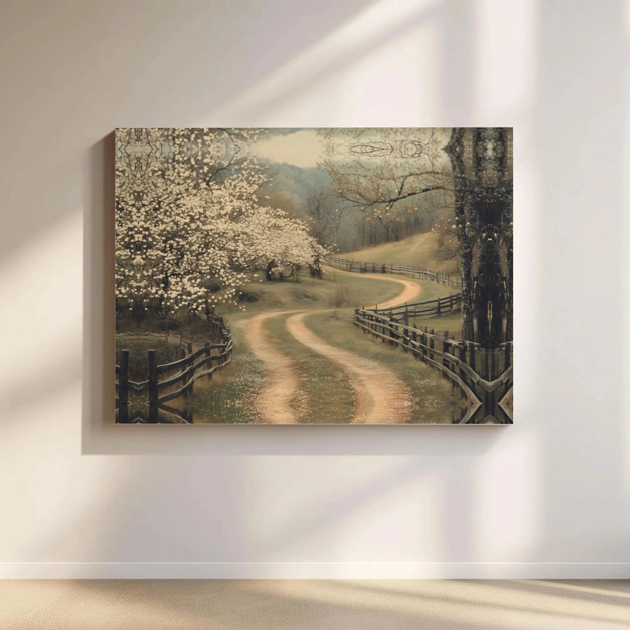 Country Road Canvas Wall Art | Winding Path & Blooming Spring Trees | Premium Canvas Print | Rustic Farmhouse Living Room Decor Gift
