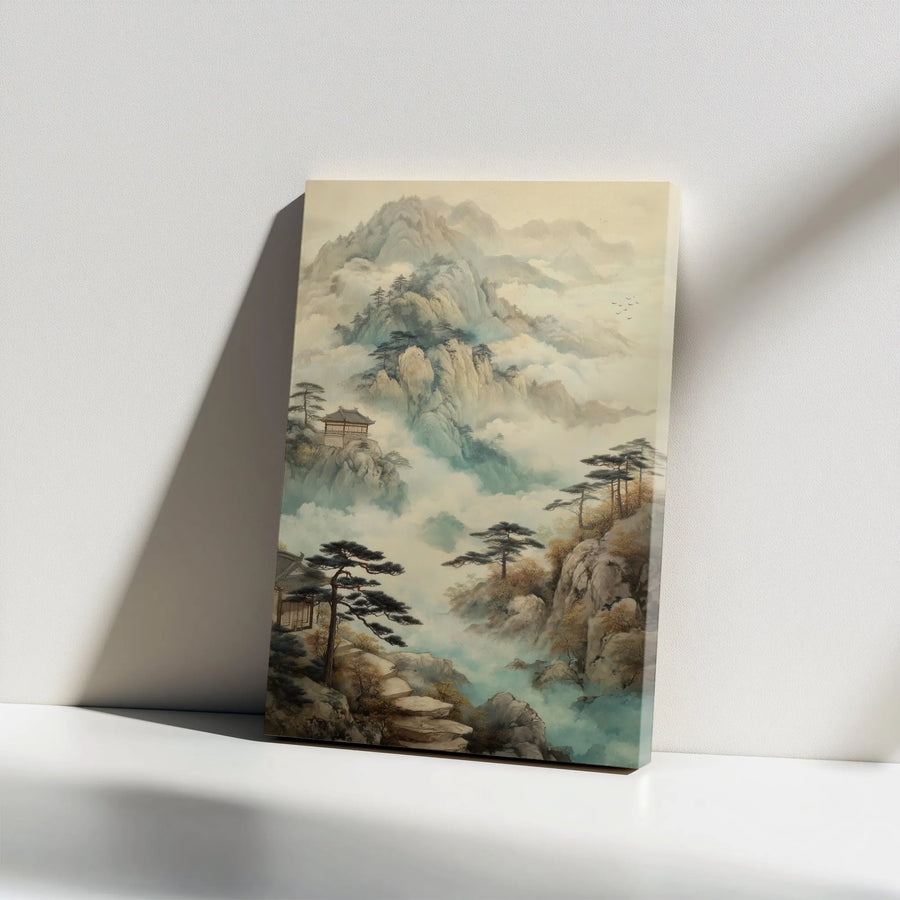 Chinese Mountain Landscape Canvas | Misty Fog Forest & Temple Art | Gallery Wrap 1.25" Premium Print | Zen Home Office Wall Decor Gift