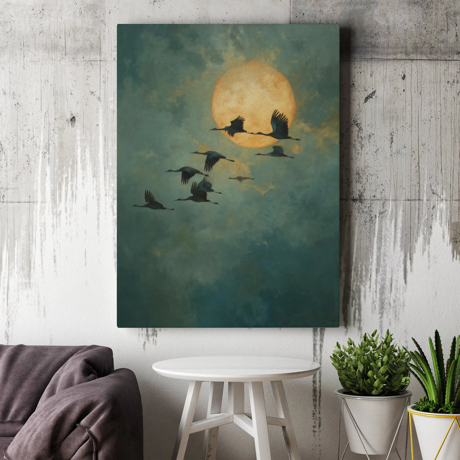 Cranes Flying Full Moon Canvas Wall Art | Moody Dark Aesthetic Print | Premium Gallery Wrap Decor | Nature Lover Living Room Gift