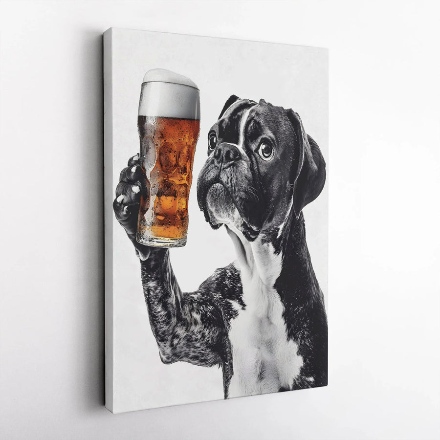 Boxer Dog Wall Art | Funny Beer Drinking Dog Illustration | Premium Gallery Wrapped Canvas | Gift for Dog Lovers & Bar Decor