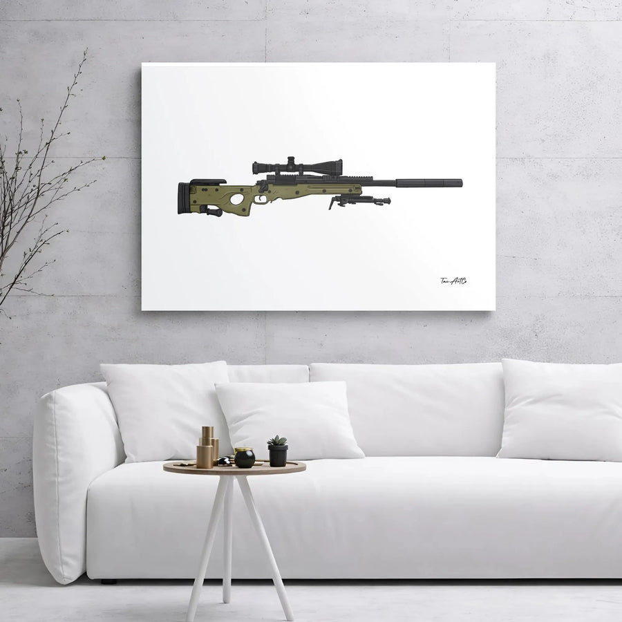 Sniper Rifle Canvas Wall Art | Tactical AWM Weapon Illustration | Premium Gallery Wrap Print | Man Cave Office Decor Gift
