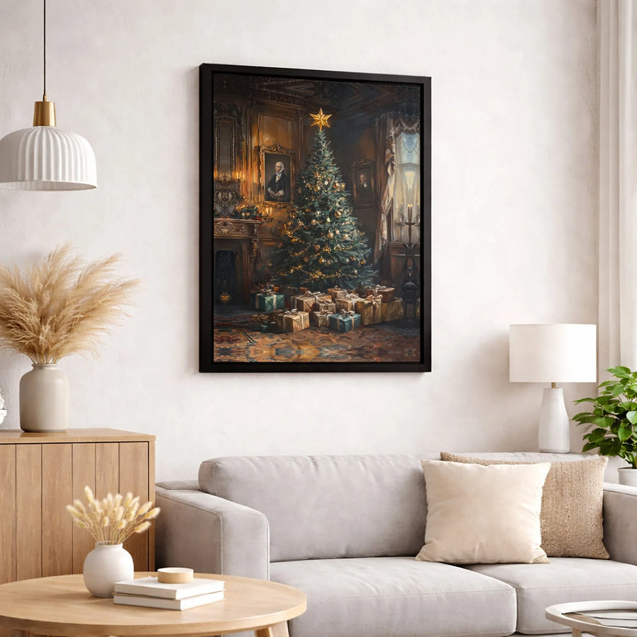 Vintage Colonial Christmas Tree Wall Art | Historical Library Holiday Decor | Premium Fade-Resistant Canvas | Classic Christmas Home Gift