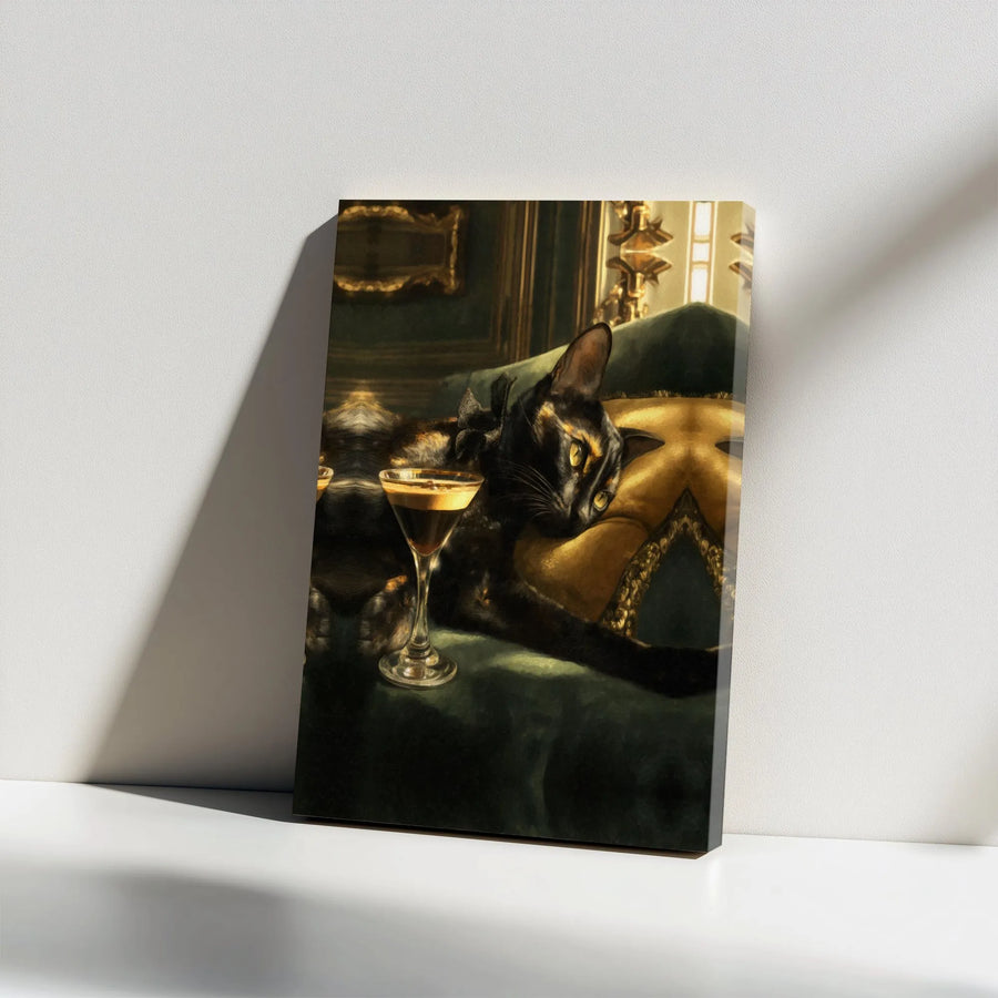 Dark Academia Cat Canvas Art | Renaissance Style Tortoiseshell with Espresso Martini | Premium Framed Wall Decor | Unique Gift for Cat Lover & Bar Cart