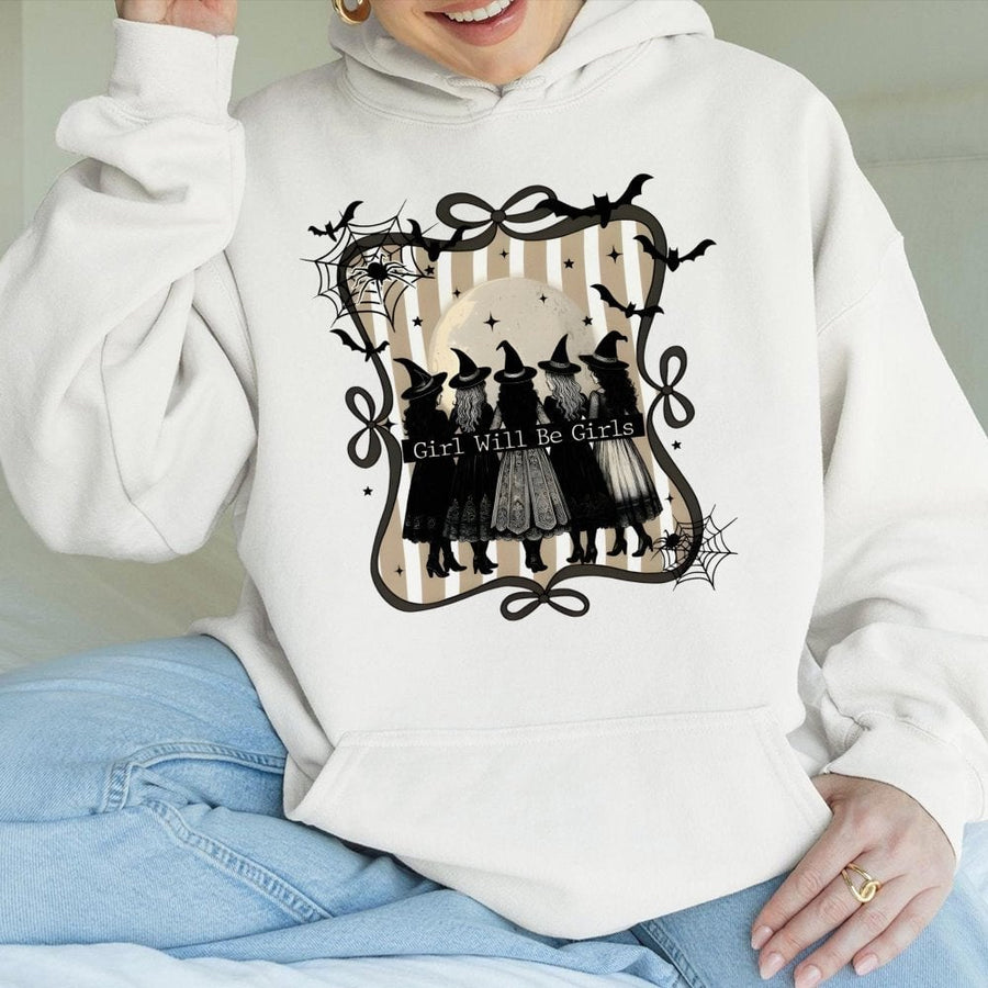 Witch Squad Hoodie | Girls Will Be Girls Vintage Halloween Graphic | Premium Cotton Blend | Spooky Fall Gift for Women & Teens