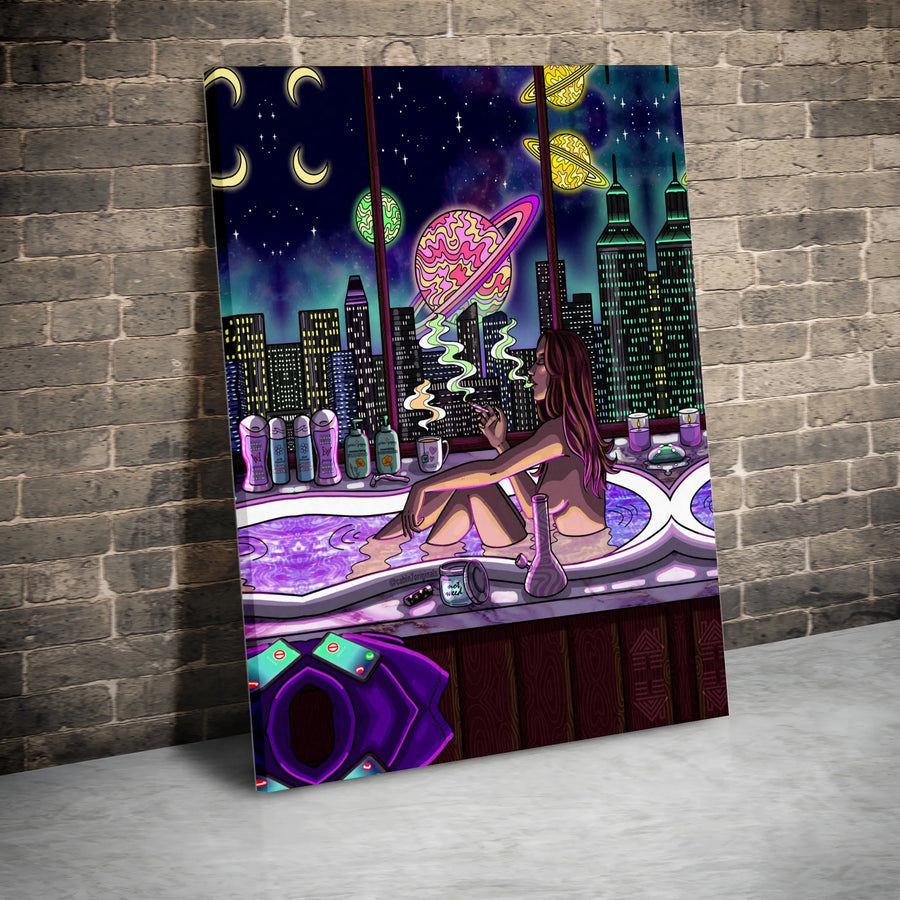 Psychedelic Stoner Girl Canvas Art | Space City Galaxy Dreamscape Print | Premium Gallery Wrapped Wall Decor | Trippy Bedroom Aesthetic Gift