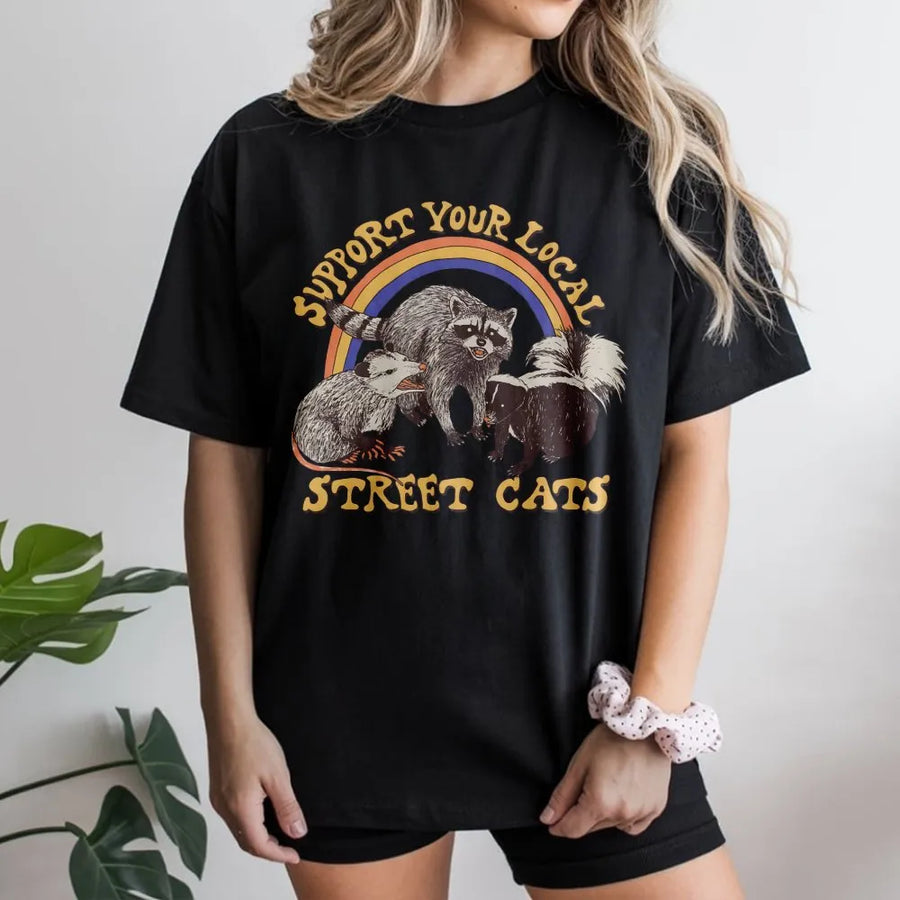 Support Your Local Street Cats T-Shirt | Retro Raccoon Opossum Skunk Graphic | Premium Cotton Unisex Tee | Funny Animal Lover Gift