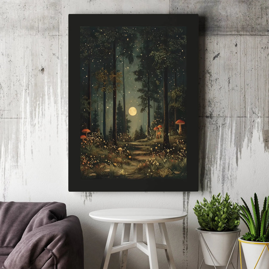 Enchanted Forest Canvas Wall Art | Whimsical Mushroom Moonlight Landscape | Premium Gallery Wrap Print | Nature-Inspired Home Decor Gift
