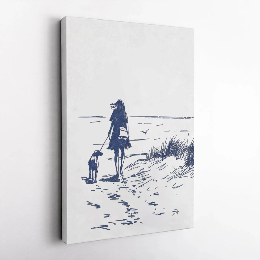 Woman Walking Dog Canvas Art | Coastal Beach Sketch Wall Decor | 1.25" Premium Gallery Wrapped Print | Minimalist Gift For Dog Lovers