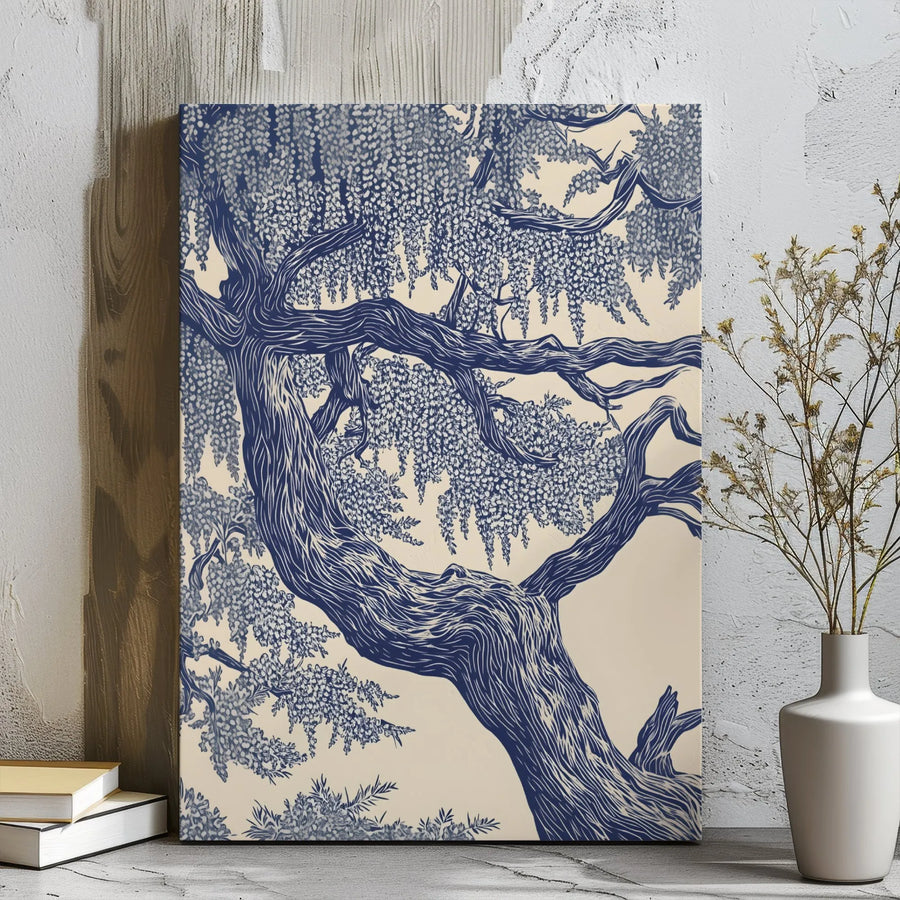 Japanese Wisteria Tree Canvas Wall Art | Blue And Cream Linocut Print | Premium 1.25" Gallery Wrap | Nature-Inspired Home Decor For Living Room