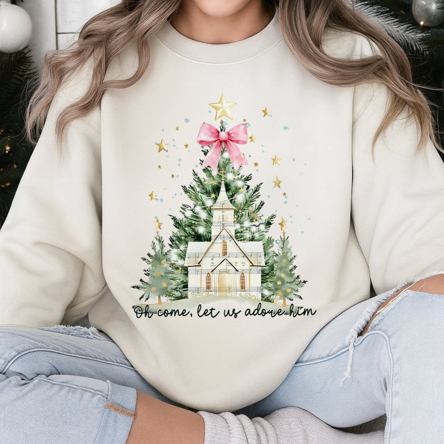 Oh Come Let Us Adore Him Sweatshirt | Watercolor Christmas Church & Bow Design | Premium Cotton Blend | Religious Christian Christmas Gift