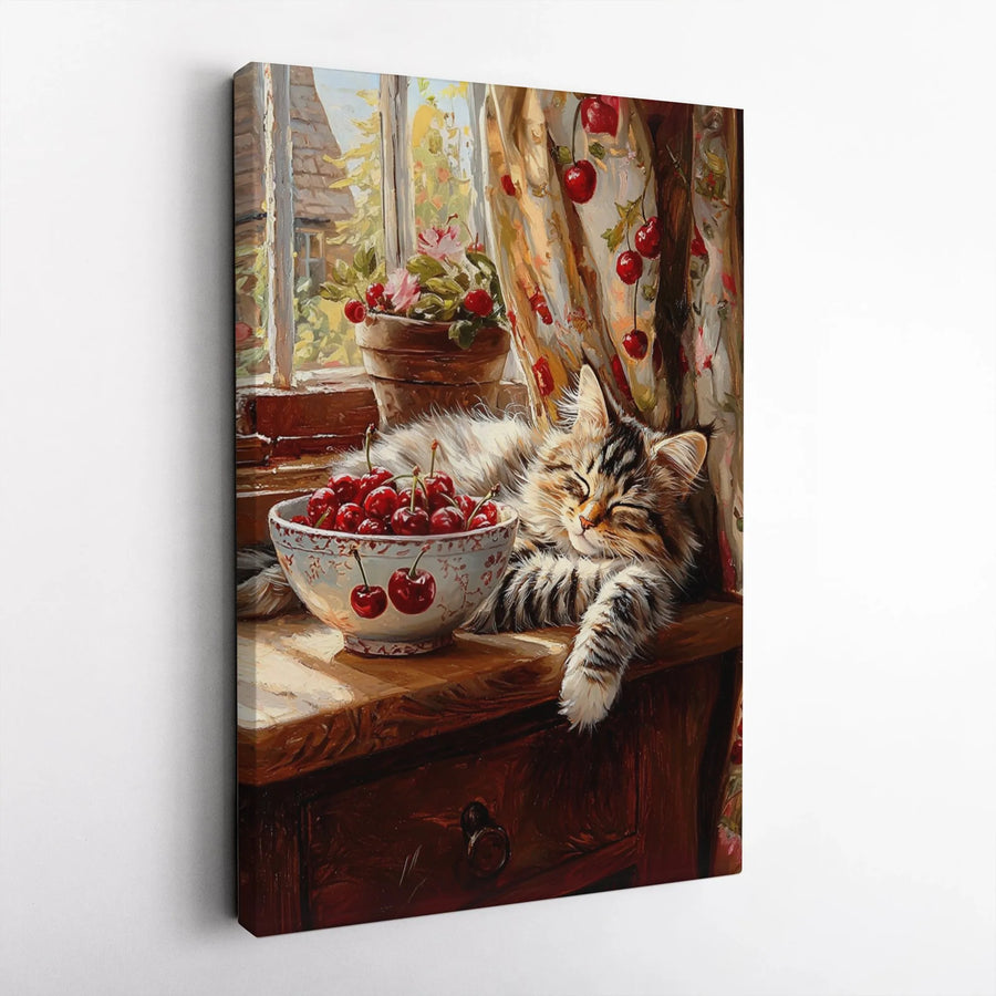 Sleeping Cat Canvas Wall Art | Cozy Kitchen Windowsill Scene With Cherries | Premium Gallery Wrap Print | Whimsical Home Decor Gift For Cat Lovers